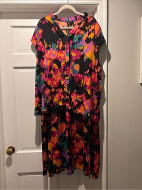 SHEIN Bright Abstract Print Two-Piece Set - Black with Pink, Yellow & Teal